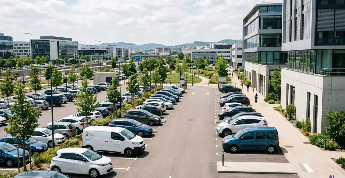 Vue large d'un parking d'entreprise français moderne avec plusieurs véhicules utilitaires et berlines de société rangés, environnement urbain contemporain sous lumière naturelle du jour
